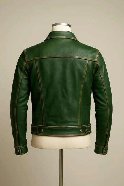 Men’s Green Leather Biker Moto Trucker Jacket