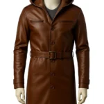 Handmade Brown Leather Trench Coat with Hood Vintage Style Unisex Winter Outerwear