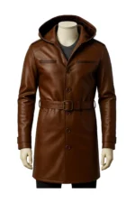 Handmade Brown Leather Trench Coat with Hood Vintage Style Unisex Winter Outerwear