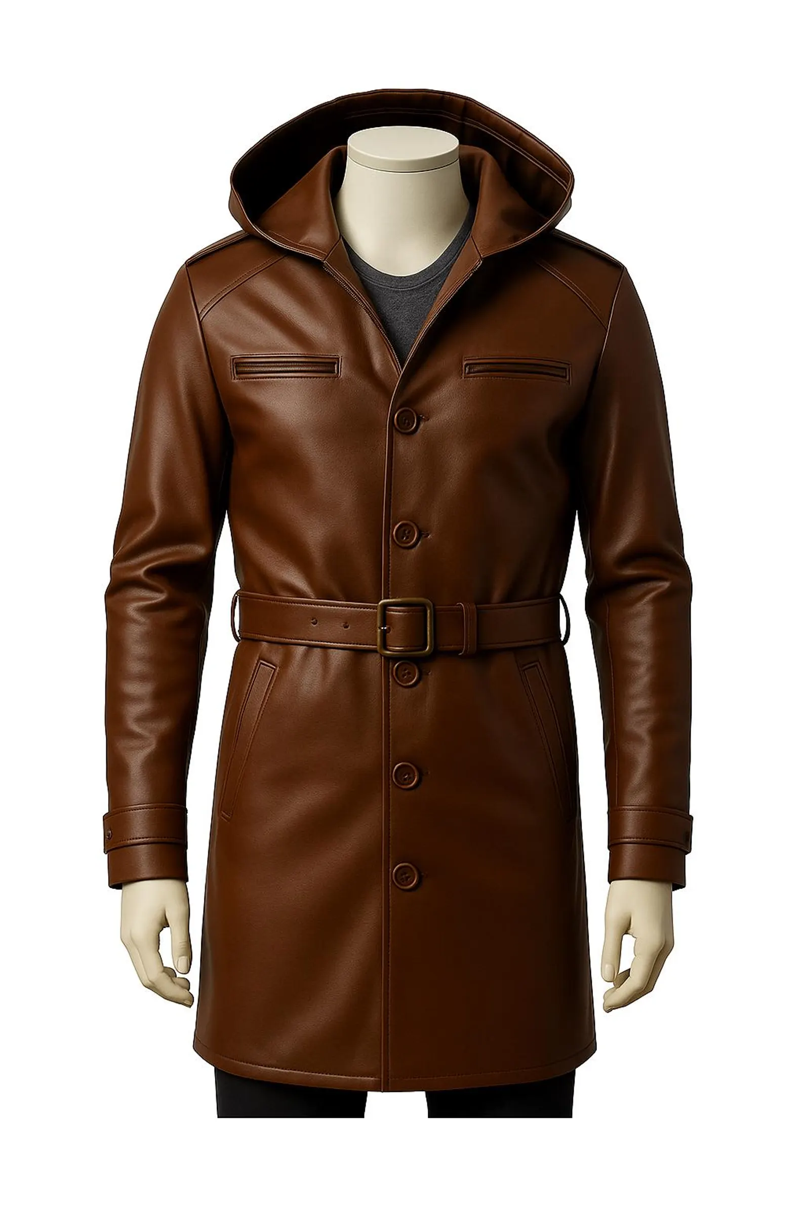 Handmade Brown Leather Trench Coat with Hood Vintage Style Unisex Winter Outerwear Handmade Brown Leather Trench Coat with Hood Vintage Style Unisex Winter Outerwear