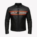 Harley‑Davidson Men’s Black Genuine Leather Biker Jacket Orange Stripe