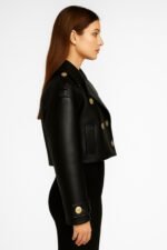 Cropped Black Leather Moto Jacket Gold Button Designer Style - Image 4