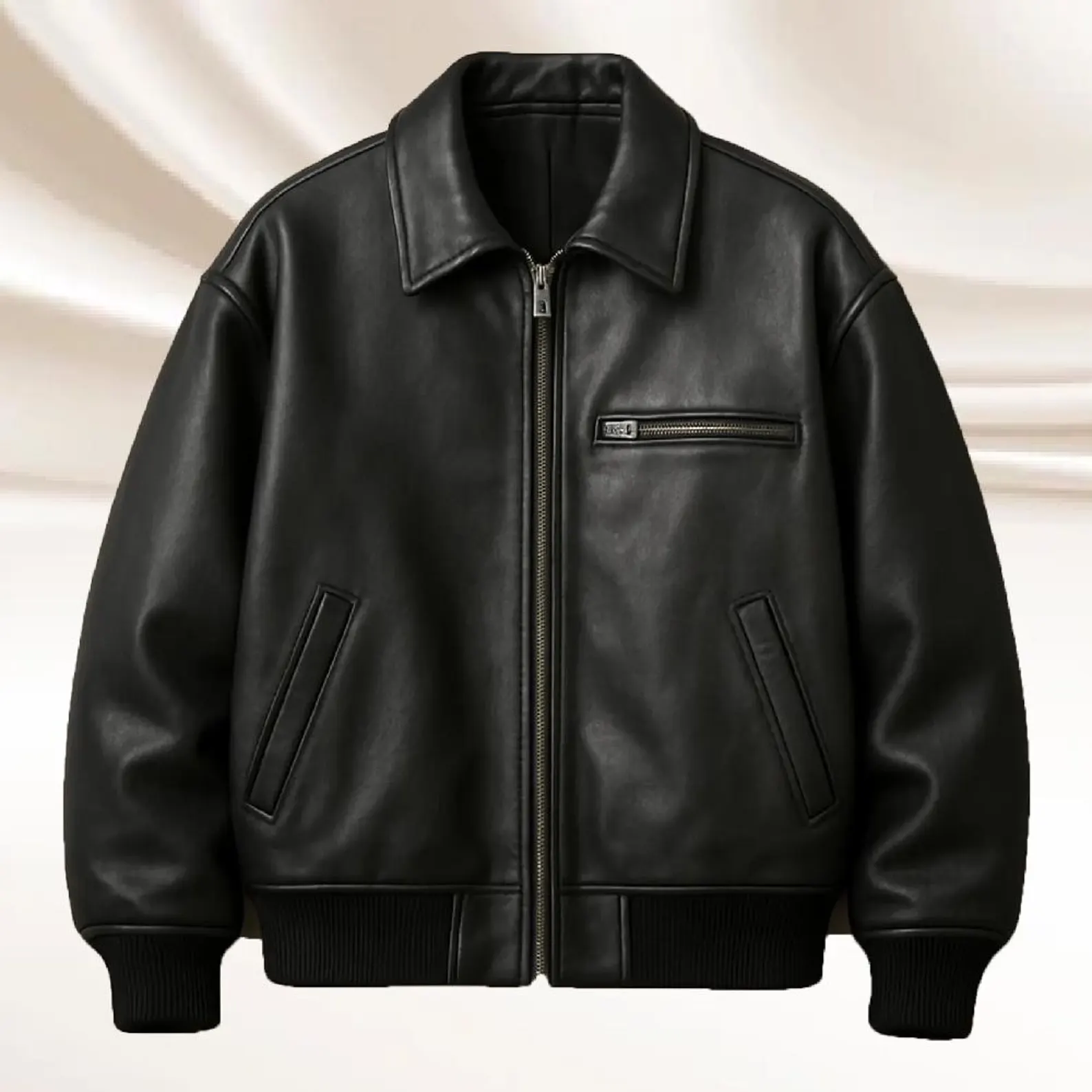 Vintage Black Sheepskin Leather Bomber Jacket Vintage Black Sheepskin Leather Bomber Jacket