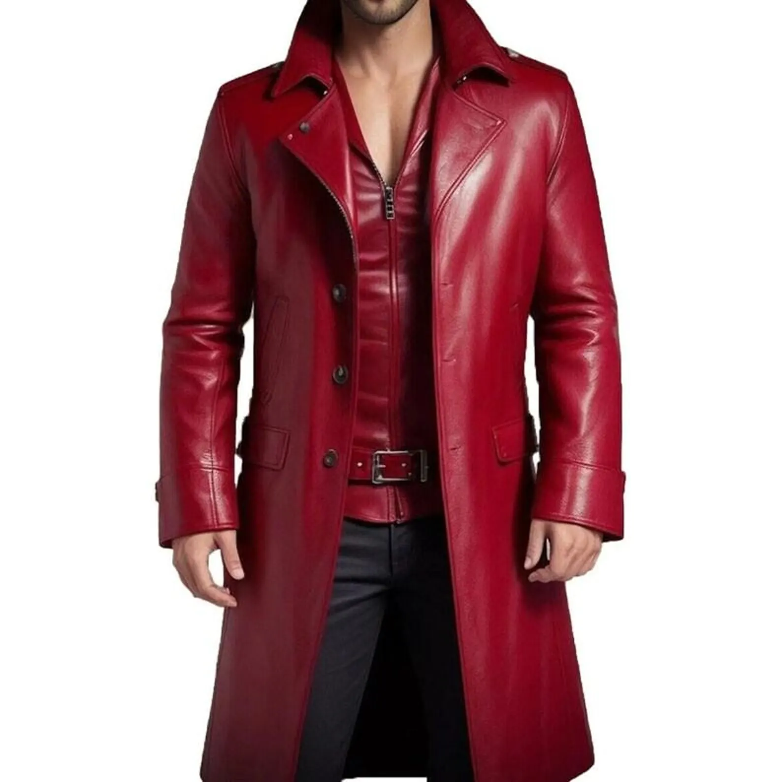 Men's New Handmade Lambskin Leather Overcoat, Custom Made Red Leather Long Coat Men's New Handmade Lambskin Leather Overcoat, Custom Made Red Leather Long Coat