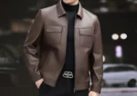 Men’s Brown Genuine Leather Jacket Classic Slim Fit with Front Flap Pockets