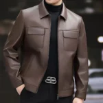 Men’s Brown Genuine Leather Jacket Classic Slim Fit with Front Flap Pockets