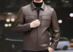 Men’s Brown Genuine Leather Jacket Classic Slim Fit with Front Flap Pockets - Image 2