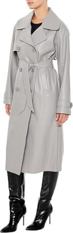 Elegant Light Grey Leather Look Belted Trench - Image 3