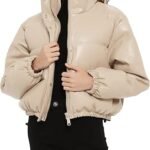 Women's Cropped Quilted Puffer Jacket Winter Faux Leather Padded Parka Coat