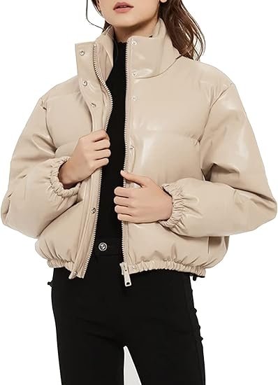 Women's Cropped Quilted Puffer Jacket Winter Faux Leather Padded Parka Coat