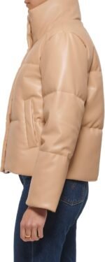 Women's Faux Leather Cropped Puffer Jacket (Tan/Camel) - Image 2