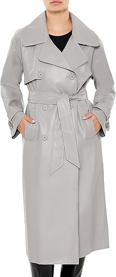 Elegant Light Grey Leather Look Belted Trench