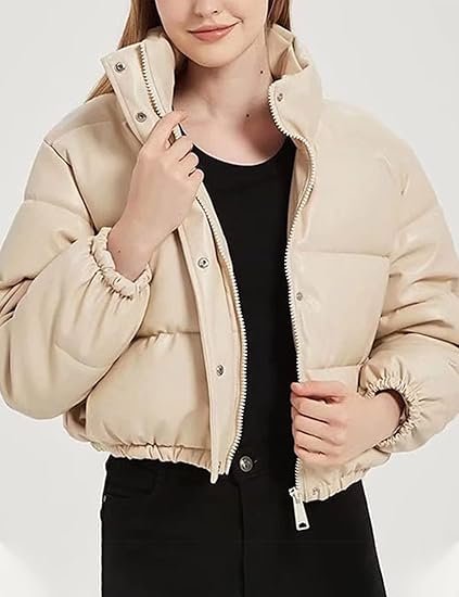 Women's Cropped Quilted Puffer Jacket Winter Faux Leather Padded Parka Coat