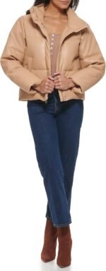 Women's Faux Leather Cropped Puffer Jacket (Tan/Camel) - Image 3