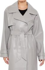 Elegant Light Grey Leather Look Belted Trench - Image 2