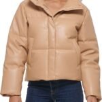 Women's Faux Leather Cropped Puffer Jacket (Tan/Camel)
