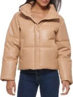 Women's Faux Leather Cropped Puffer Jacket (Tan/Camel)