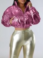 Women's Cropped Puffer Jacket Winter Shiny Zip Up Padded Warm Quilted Jackets