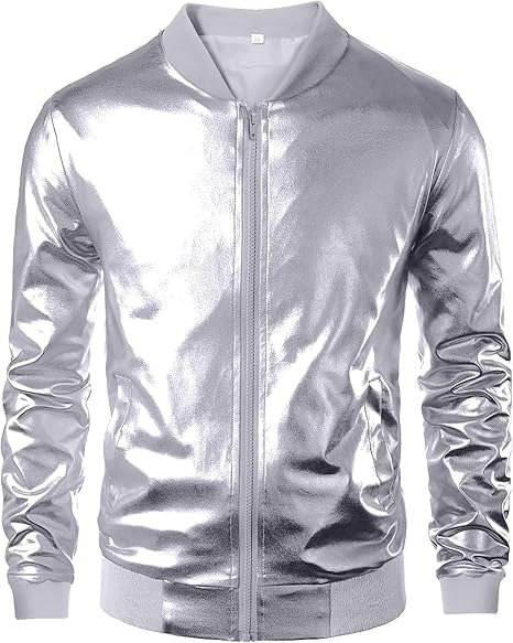 Men’s Metallic Bomber Jacket Shiny Party Style Faux Leather Men’s Metallic Bomber Jacket Shiny Party Style Faux Leather