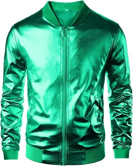 Men’s Metallic Bomber Jacket Shiny Party Style Faux Leather Men’s Metallic Bomber Jacket Shiny Party Style Faux Leather
