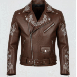 Men's Brown Genuine Leather Embroidered Biker Jacket