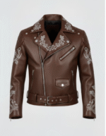 Men's Brown Genuine Leather Embroidered Biker Jacket