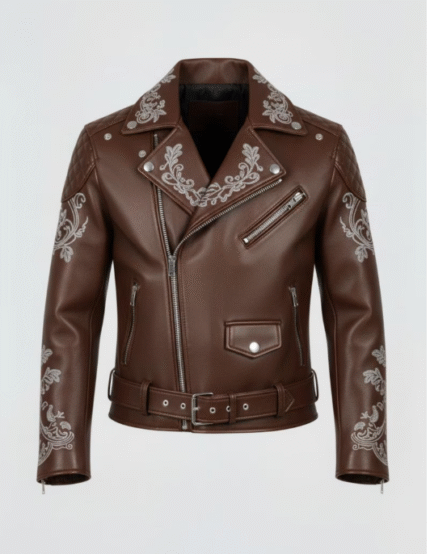 Men's Brown Genuine Leather Embroidered Biker Jacket