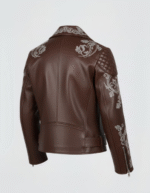 Men's Brown Genuine Leather Embroidered Biker Jacket