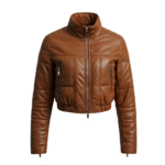 Women’s Brown Genuine Leather Cropped Puffer Jacket