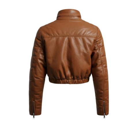 Women’s Brown Genuine Leather Cropped Puffer Jacket