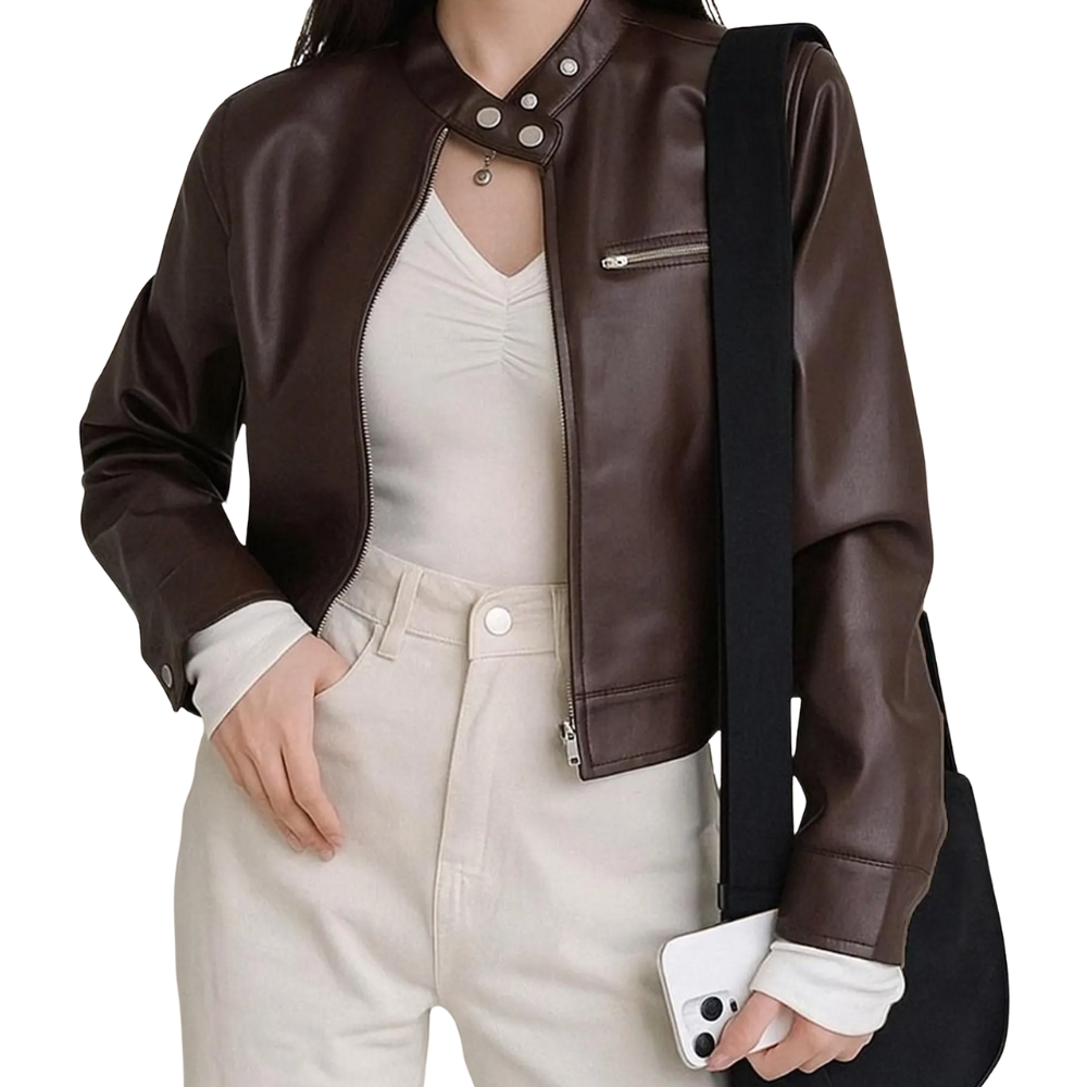 Women Brown Cropped Leather Jacket Genuine Leather Biker Jacket Women Brown Cropped Leather Jacket Genuine Leather Biker Jacket