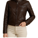 Women Brown Cropped Leather Jacket Genuine Leather Biker Jacket - Image 3
