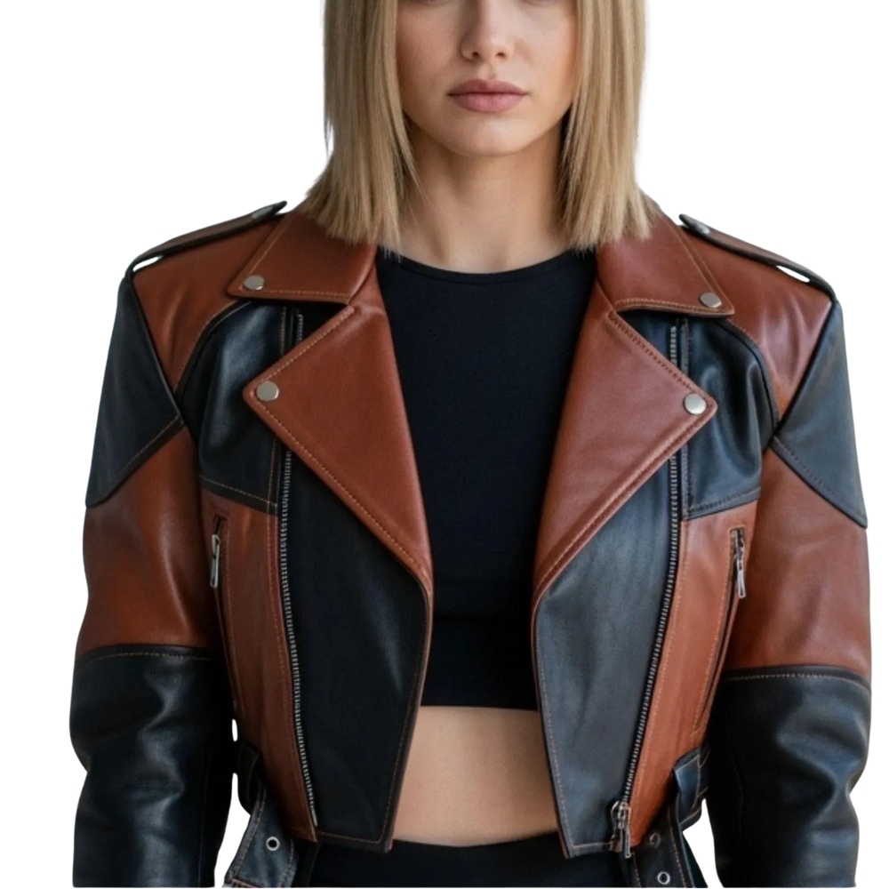Patchwork Leather Moto Jacket Cropped Biker, Edgy Streetwear Patchwork Leather Moto Jacket Cropped Biker, Edgy Streetwear