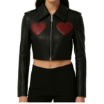 Red and Black Leather Moto Jacket Cropped Heart Design