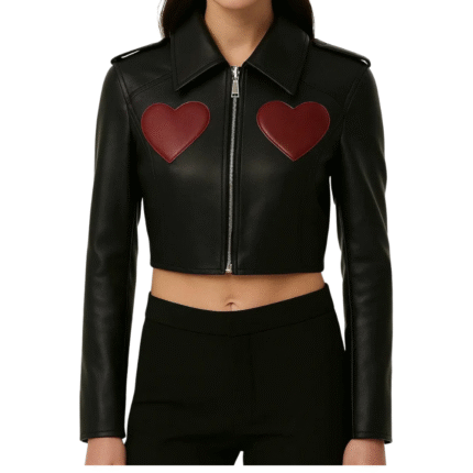 Red and Black Leather Moto Jacket Cropped Heart Design