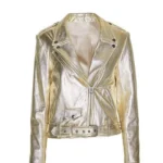 Women's Light Gold Metallic Foil Solid Casual Motorcycle Biker Leather Jacket