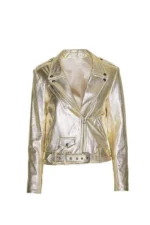 Women's Light Gold Metallic Foil Solid Casual Motorcycle Biker Leather Jacket