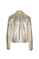 Women's Light Gold Metallic Foil Solid Casual Motorcycle Biker Leather Jacket