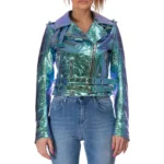 Women genuine leather biker jacket metallic holographic green crackled
