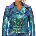 Women genuine leather biker jacket metallic holographic green crackled - Image 2
