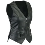 Women's Black Genuine Leather Laced Motorcycle Vest Zipper Front Biker Style