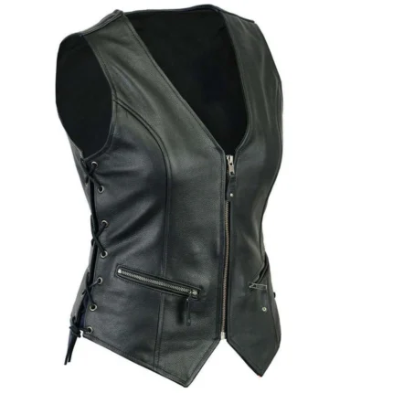 Women's Black Genuine Leather Laced Motorcycle Vest Zipper Front Biker Style
