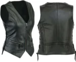 Women's Black Genuine Leather Laced Motorcycle Vest Zipper Front Biker Style