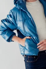 Faux Leather Puffer Jacket with Hoodie Versatile Winter Essential Side Pockets Elastic Cuff - Image 2