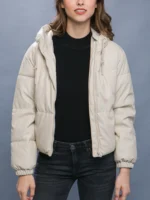 Faux Leather Puffer Jacket with Hoodie Versatile Winter Essential Side Pockets Elastic Cuff - Image 3