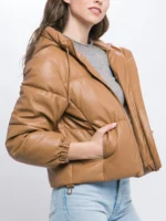 Faux Leather Puffer Jacket with Hoodie Versatile Winter Essential Side Pockets Elastic Cuff