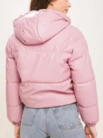 Faux Leather Puffer Jacket with Hoodie Versatile Winter Essential Side Pockets Elastic Cuff