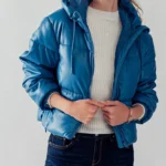 Faux Leather Puffer Jacket with Hoodie Versatile Winter Essential Side Pockets Elastic Cuff