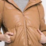 Faux Leather Puffer Jacket with Hoodie Versatile Winter Essential Side Pockets Elastic Cuff
