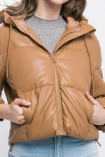 Faux Leather Puffer Jacket with Hoodie Versatile Winter Essential Side Pockets Elastic Cuff